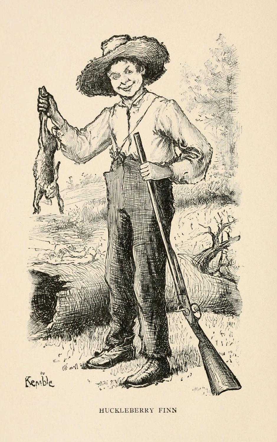 Frontispiece drawing by E. W. Kemble in the 1884 edition of the ADVENTURES OF HUCKLEBERRY FINN. The satirical novel by Mark Twain, (aka Samuel Clemens), is told in the first person by Huckleberry Huck Finn in vernacular 19th century English  (BSLOC_2016_1